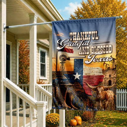 Texas Thankful Grateful Blessed Longhorn Cowboy Country Fall Flag