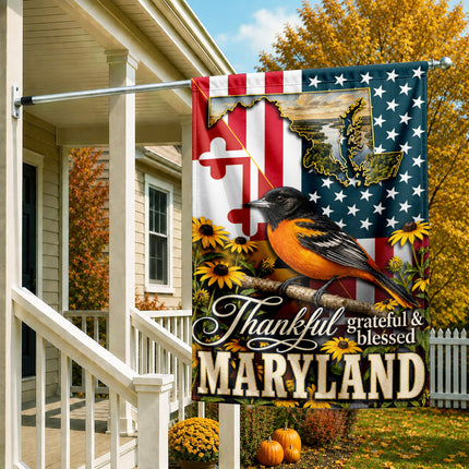 Maryland Thankful Grateful Blessed Oriole Sunflower Fall Flag
