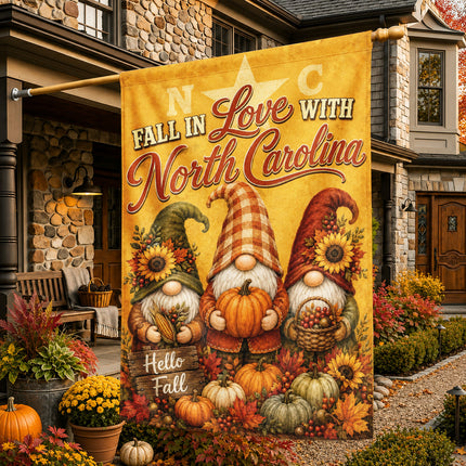 North Carolina Fall in Love Gnome Pumpkin Harvest Autumn Flag