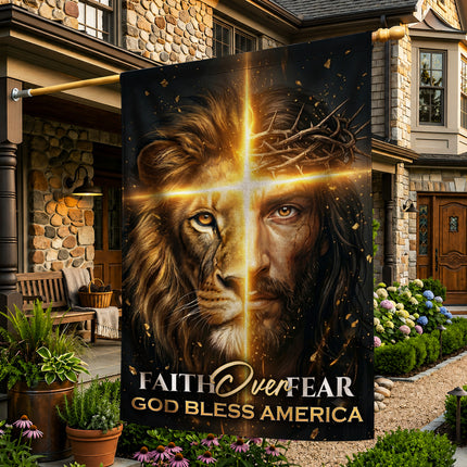 SP-01 Jesus Lion Flag Faith Over Fear God Bless America Memorial Day