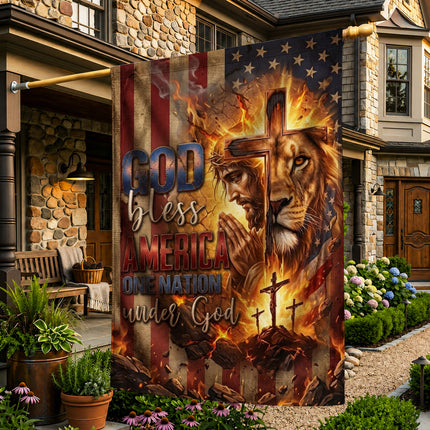 God Bless America Praying Jesus Lion One Nation Under God Flag