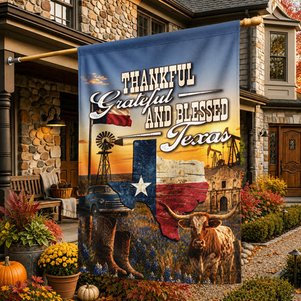 Texas Thankful Grateful Blessed Longhorn Cowboy Country Fall Flag