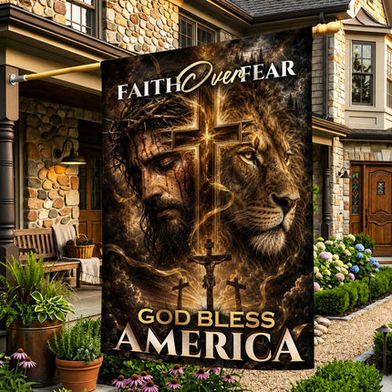 Faith Over Fear God Bless America Crucifixion Lion Cross Flag