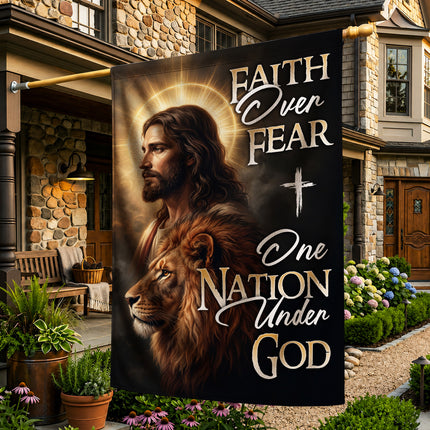 SP-01 One Nation Under God Faith Over Fear Lion of Judah Garden Flag Religious Celebrations