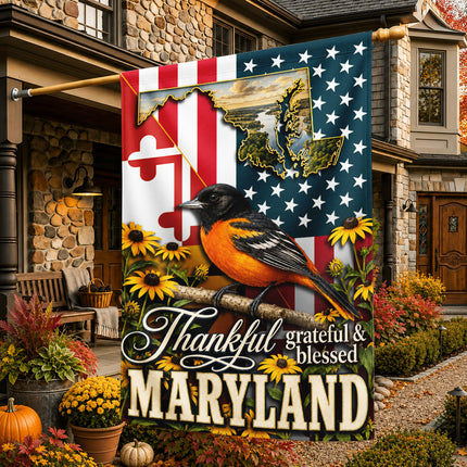 Maryland Thankful Grateful Blessed Oriole Sunflower Fall Flag