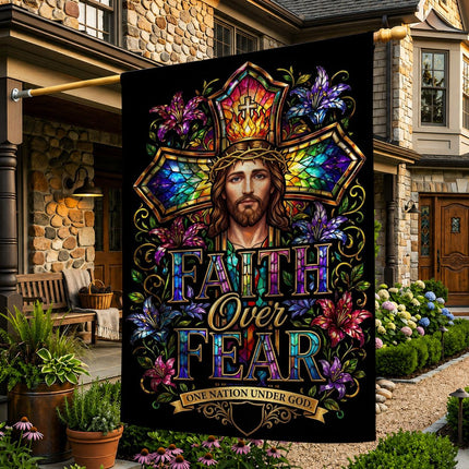 Faith Over Fear Stained Glass Jesus One Nation Under God Flag