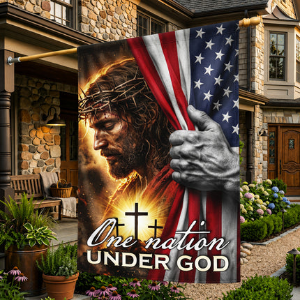 Jesus Crown of Thorns Christian Flag One Nation Under God American Cross