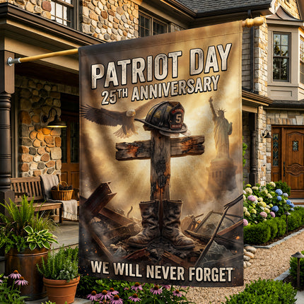 Patriot Day 25th Anniversary Fallen Firefighter Cross and Boots Memorial Flag