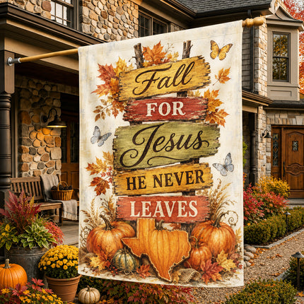 Texas Fall for Jesus He Never Leaves Rustic Pumpkin Christian Flag