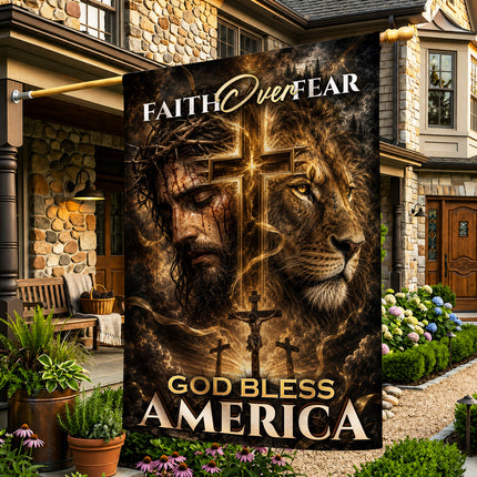 SP-01 Crucifixion of Christ Faith Over Fear God Bless America Garden Flag