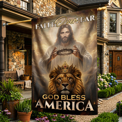 SP-01 King Jesus Flag Faith Over Fear God Bless America Garden Decor