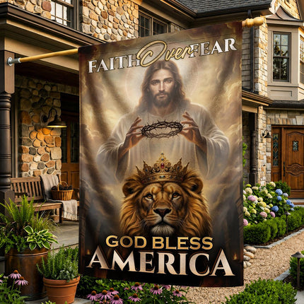 Faith Over Fear Crowned Lion God Bless America Flag