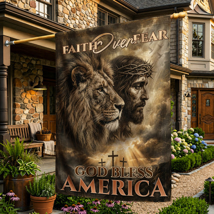 SP-01 Faith Over Fear God Bless America Lion of Judah Christian Garden Flag