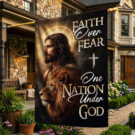 Faith Over Fear Jesus Lion Halo One Nation Under God Flag
