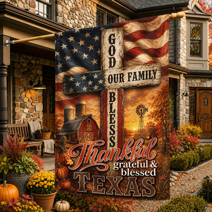 Texas Thankful Grateful Blessed God Family Rustic Farm Fall Flag