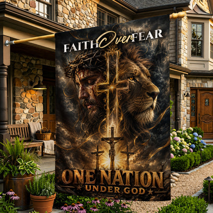 SP-01 Lion of Judah Jesus Christ Faith Over Fear Christian Garden Flag Faith-Based Events