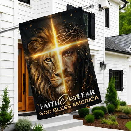 SP-01 Jesus Lion Flag Faith Over Fear God Bless America Memorial Day