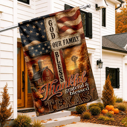 Texas Thankful Grateful Blessed God Family Rustic Farm Fall Flag