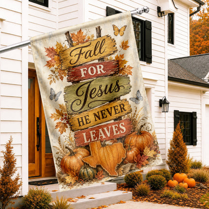 Texas Fall for Jesus He Never Leaves Rustic Pumpkin Christian Flag