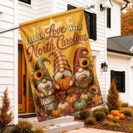 North Carolina Fall in Love Gnome Pumpkin Harvest Autumn Flag