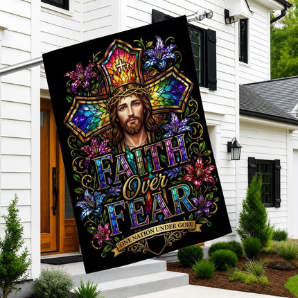 Faith Over Fear Stained Glass Jesus One Nation Under God Flag