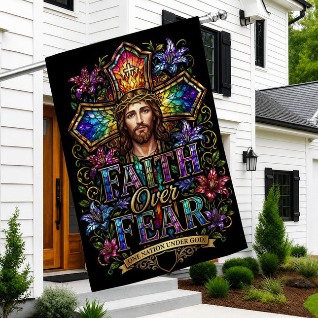 Faith Over Fear Stained Glass Jesus One Nation Under God Flag