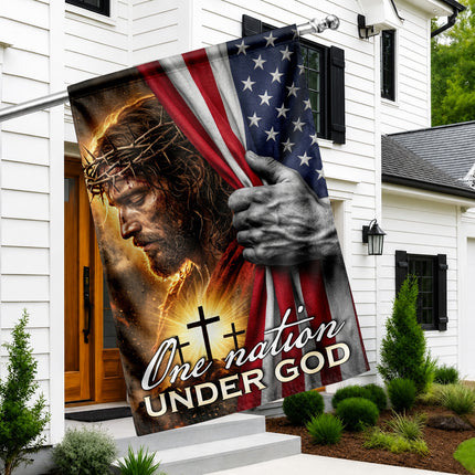 Jesus Crown of Thorns Christian Flag One Nation Under God American Cross