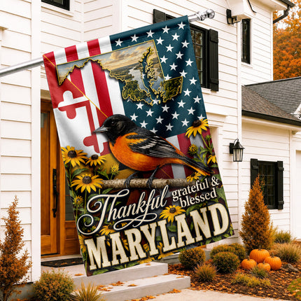 Maryland Thankful Grateful Blessed Oriole Sunflower Fall Flag