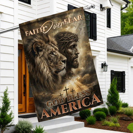 SP-01 Faith Over Fear God Bless America Lion of Judah Christian Garden Flag