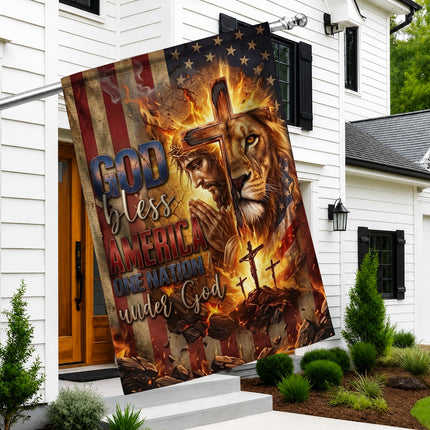 God Bless America Praying Jesus Lion One Nation Under God Flag