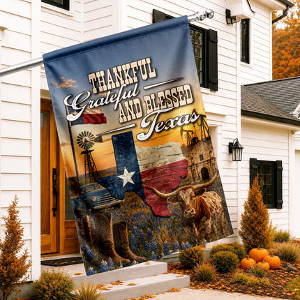 Texas Thankful Grateful Blessed Longhorn Cowboy Country Fall Flag