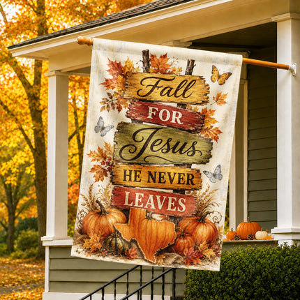 Texas Fall for Jesus He Never Leaves Rustic Pumpkin Christian Flag