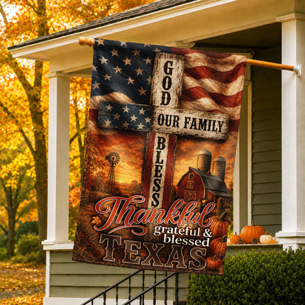 Texas Thankful Grateful Blessed God Family Rustic Farm Fall Flag
