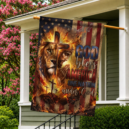 God Bless America Praying Jesus Lion One Nation Under God Flag