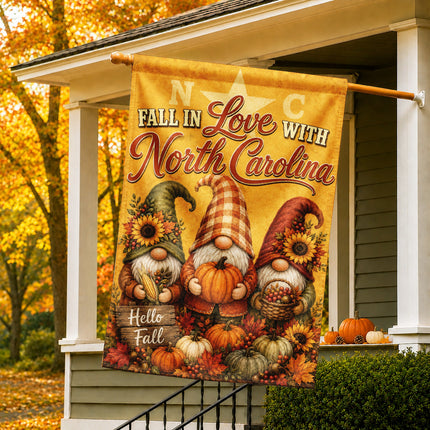 North Carolina Fall in Love Gnome Pumpkin Harvest Autumn Flag