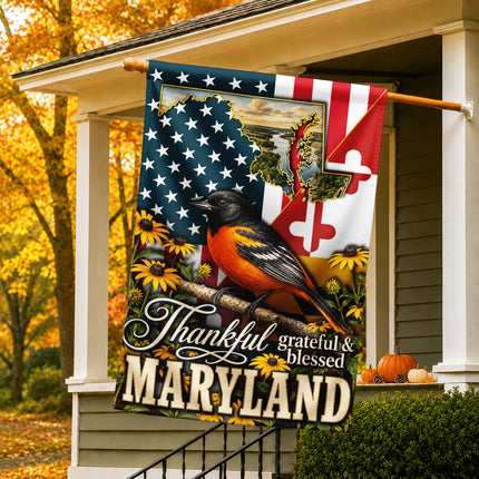 Maryland Thankful Grateful Blessed Oriole Sunflower Fall Flag