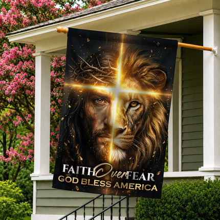 SP-01 Jesus Lion Flag Faith Over Fear God Bless America Memorial Day