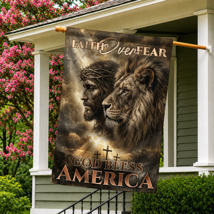 SP-01 Faith Over Fear God Bless America Lion of Judah Christian Garden Flag