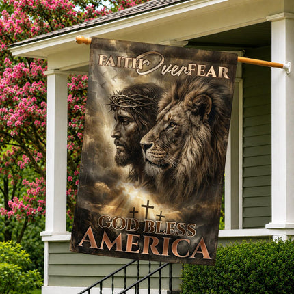 Faith Over Fear God Bless America Lion Jesus Flag