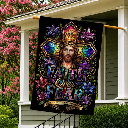 Faith Over Fear Stained Glass Jesus One Nation Under God Flag