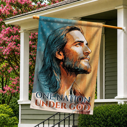 One Nation Under God Watercolor Jesus Portrait Flag
