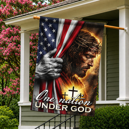 Jesus Crown of Thorns Christian Flag One Nation Under God American Cross