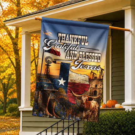 Texas Thankful Grateful Blessed Longhorn Cowboy Country Fall Flag