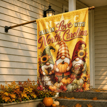 North Carolina Fall in Love Gnome Pumpkin Harvest Autumn Flag
