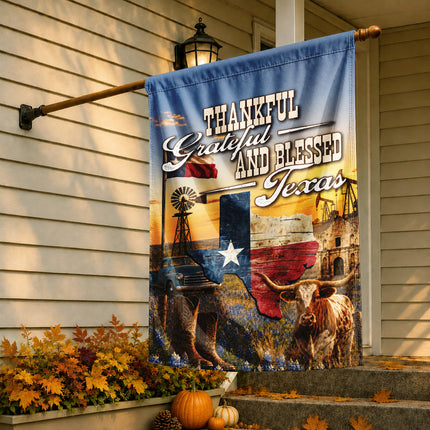 Texas Thankful Grateful Blessed Longhorn Cowboy Country Fall Flag