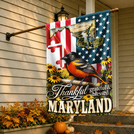 Maryland Thankful Grateful Blessed Oriole Sunflower Fall Flag