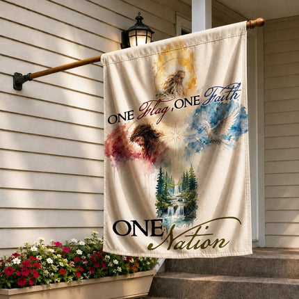 One Flag One Faith One Nation God Inspired Jesus Dove Lion Watercolor Flag