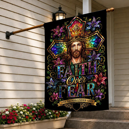 Faith Over Fear Stained Glass Jesus One Nation Under God Flag