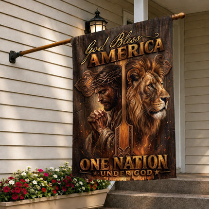 God Bless America Praying Jesus Lion Wooden Cross One Nation Under God Flag