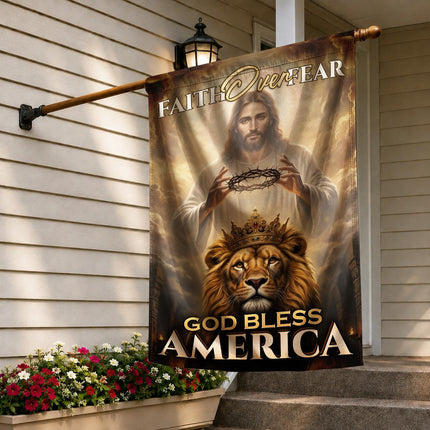 Faith Over Fear Crowned Lion God Bless America Flag